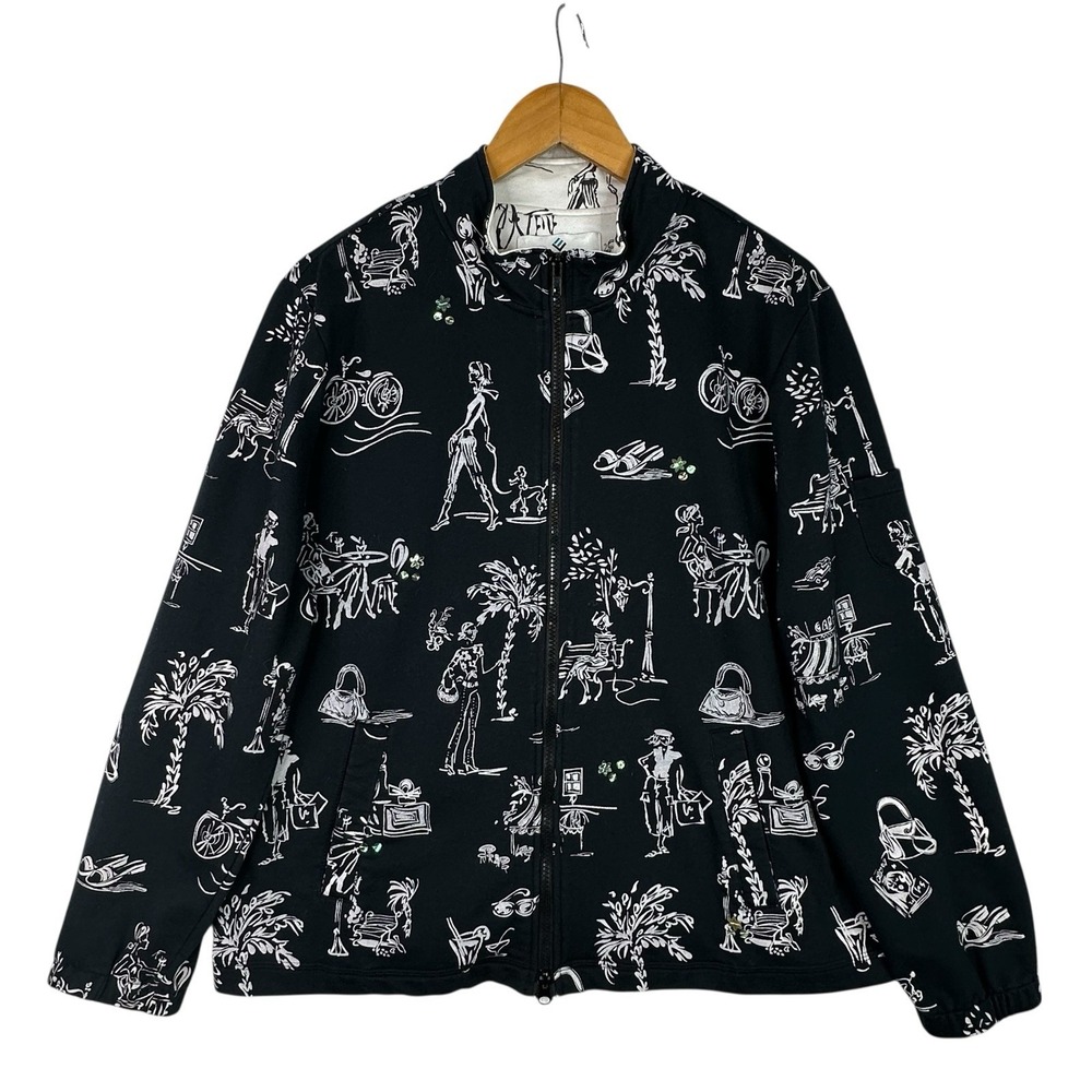 Y2K Graphic Zip Jacket Women's Large Black White Paris Sketch Print Retro Artsy